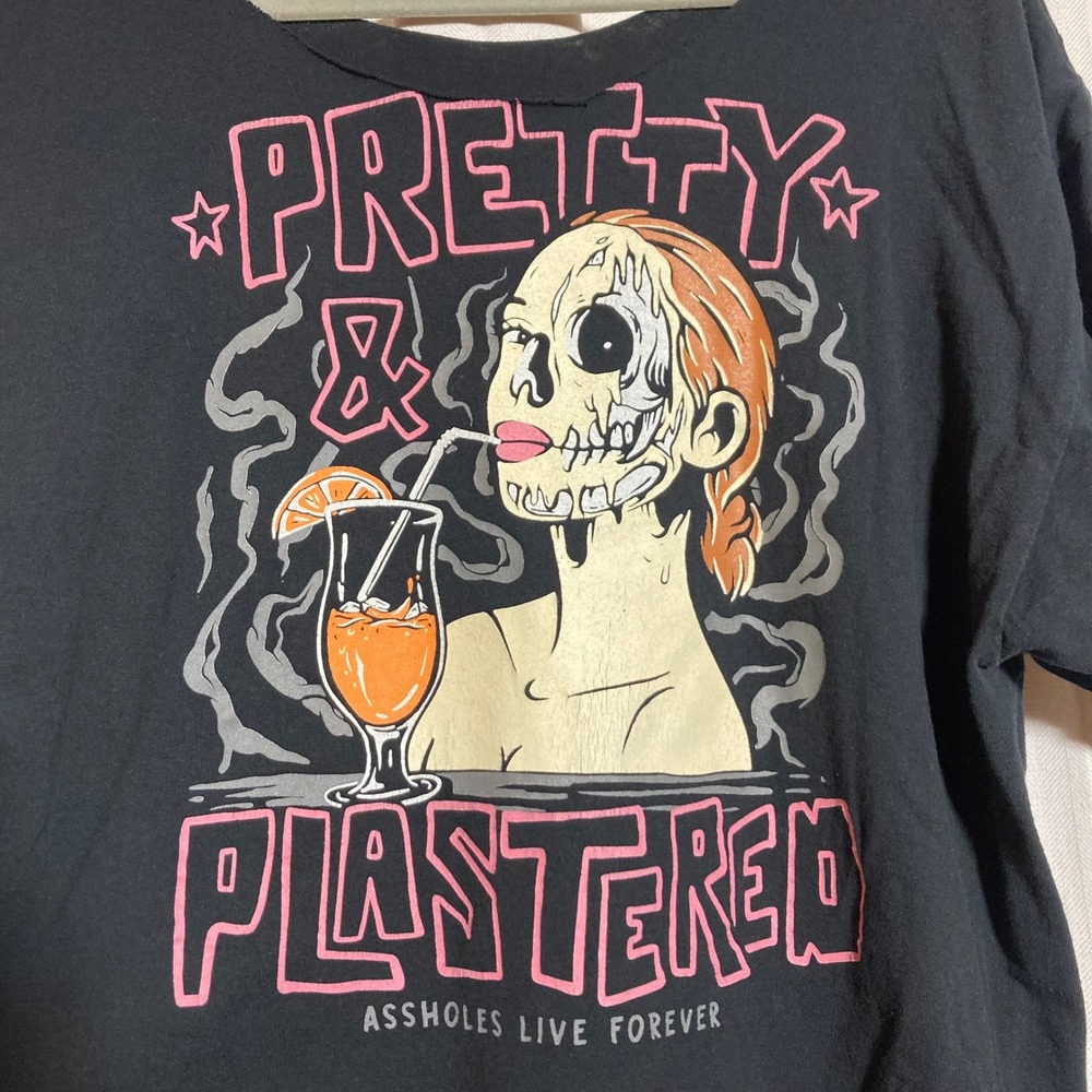 Assholes Live Forever Pretty & Plastered Graphic Tee Black Mens L Cut Neck - Picture 4 of 4